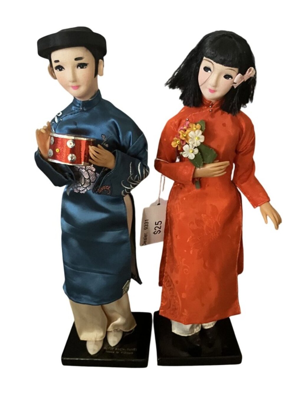 Vietnamese Traditional Couple Dolls In Silk Outfits On Stands - 11 Inches Tall
